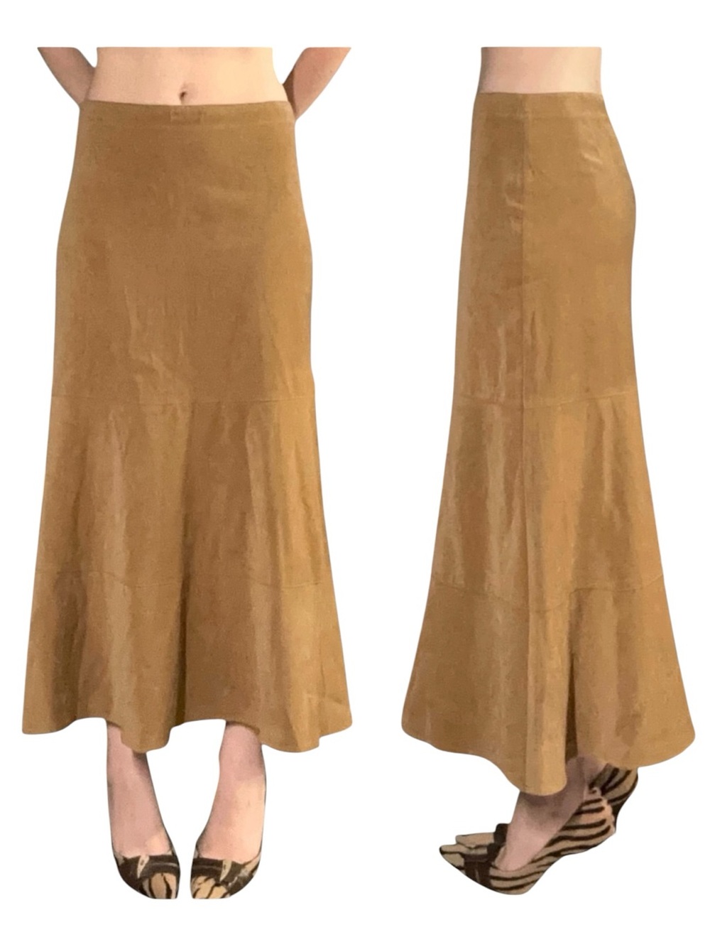 First Option | Vintage Faux Suede Mid Rise Trumpet Midi Skirt